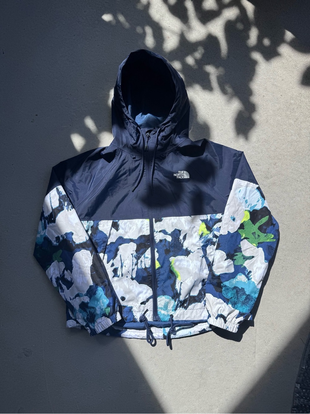 The North Face Navy Hooded Floral-Panel Windbreaker
